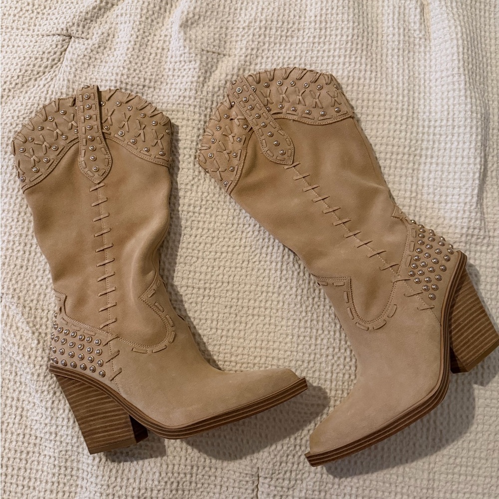 Jessica Simpson Tan Studded Western Mid-Calf Boots